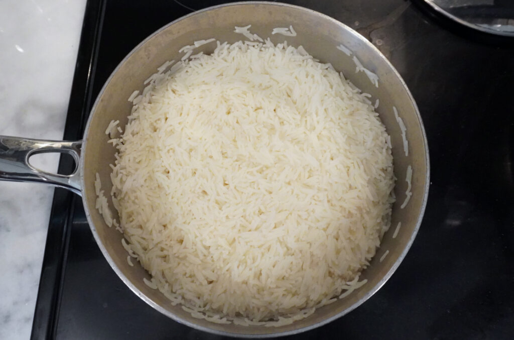 a pot of cooked basmati rice