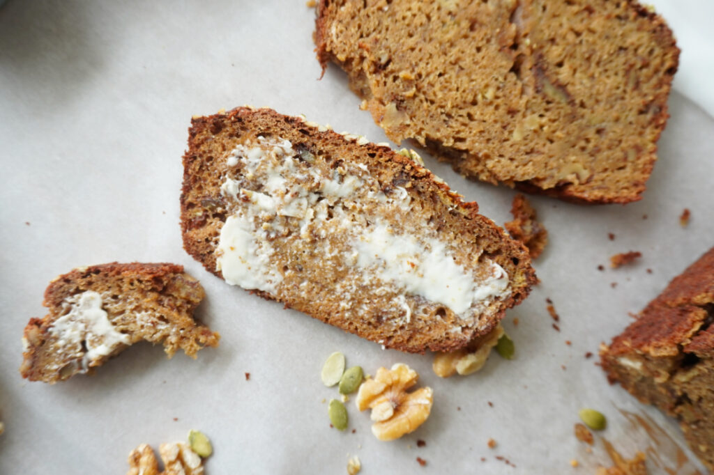 a buttered slice of banana bread