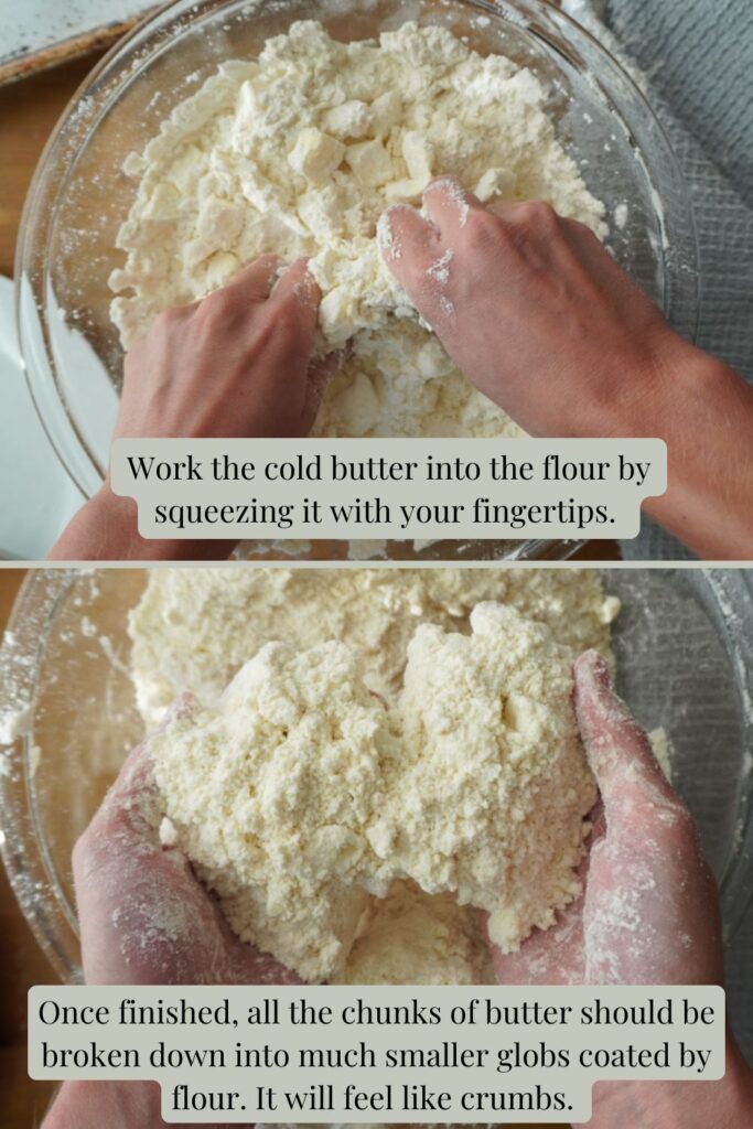 Before and after photos showing how to to cut in butter with your hands