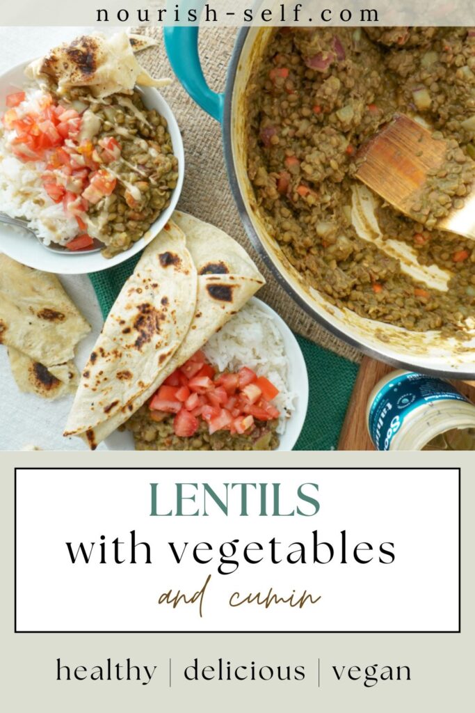 Pinterest Pin for lentils with vegetables and cumin: healthy, delicious, vegan