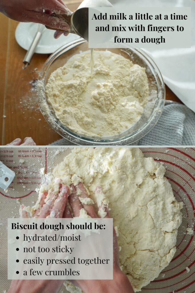 before and after photos showing what biscuit dough should look like after adding in the milk