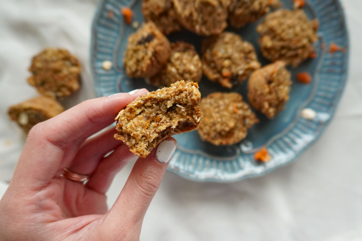 hand holding a morning glory snack bite with a bite taken out of it
