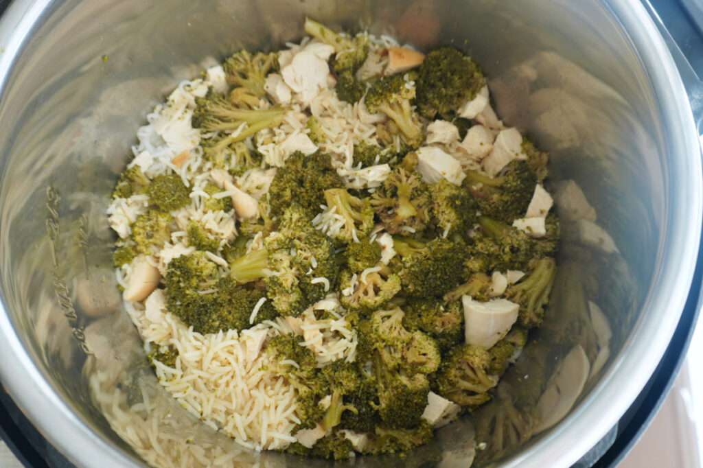 chicken broccoli rice casserole in the Instant Pot after cooking
