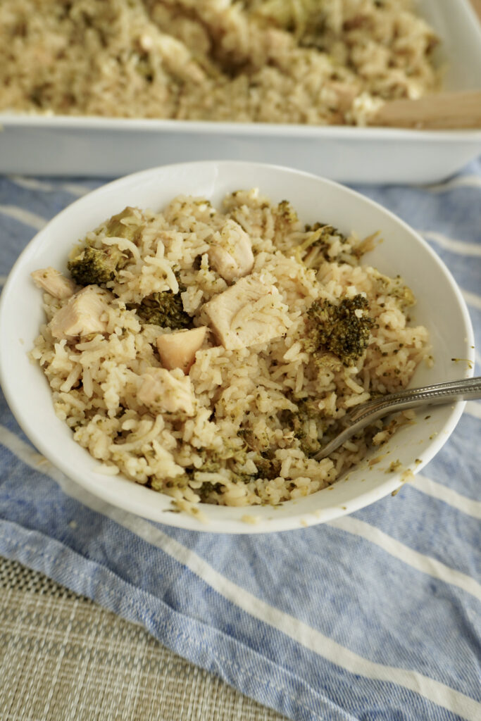 a bowl of chicken broccoli rice casserole