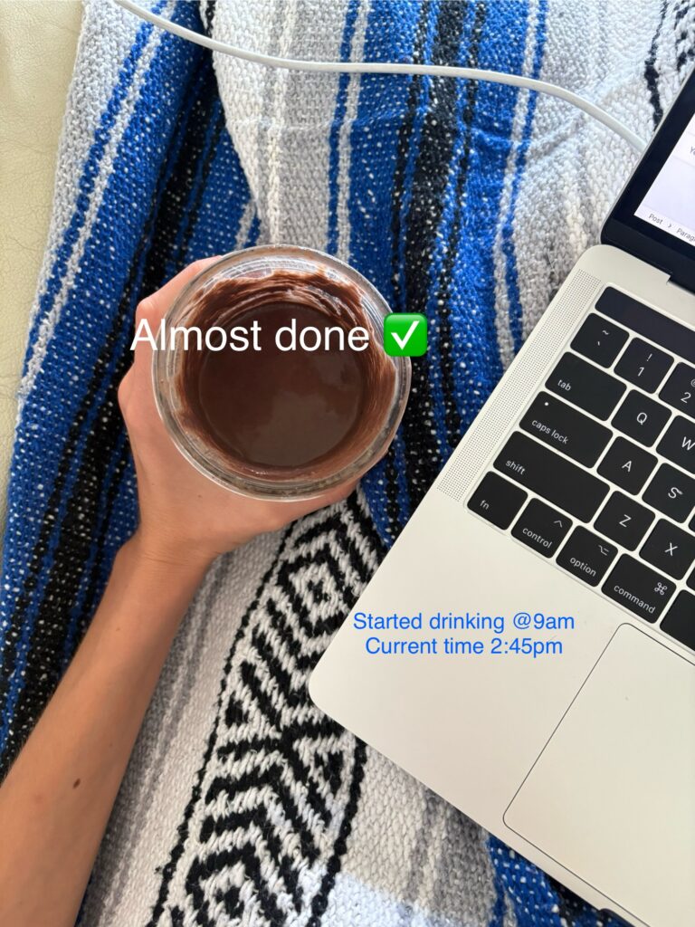 a picture with text on it showing a cup of smoothie that has taken from 9am to 2:45 pm to drink