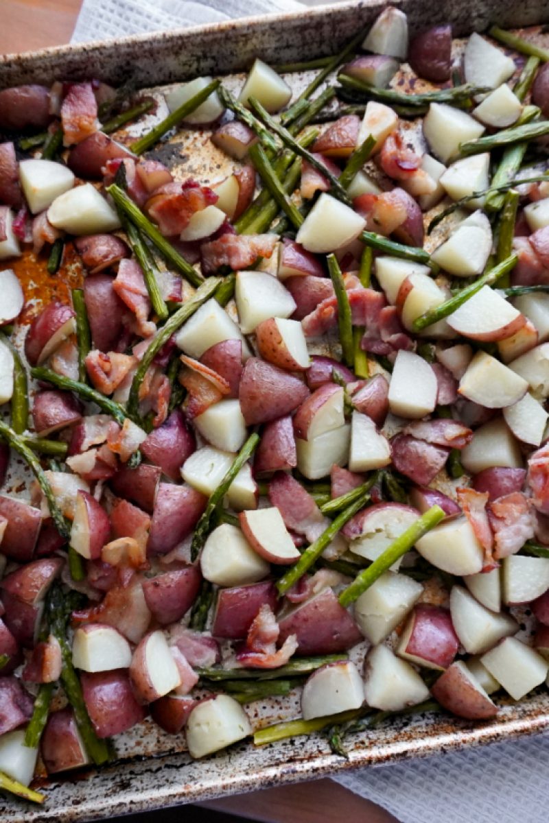 Cooked potatoes, bacon, and asparagus for blog